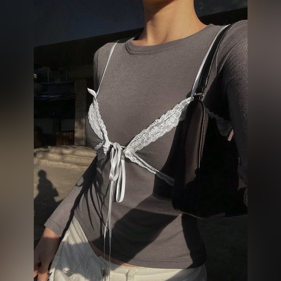 LAST ONE Gray Long Sleeve Top with White Lace Detail - Picture 2 of 9